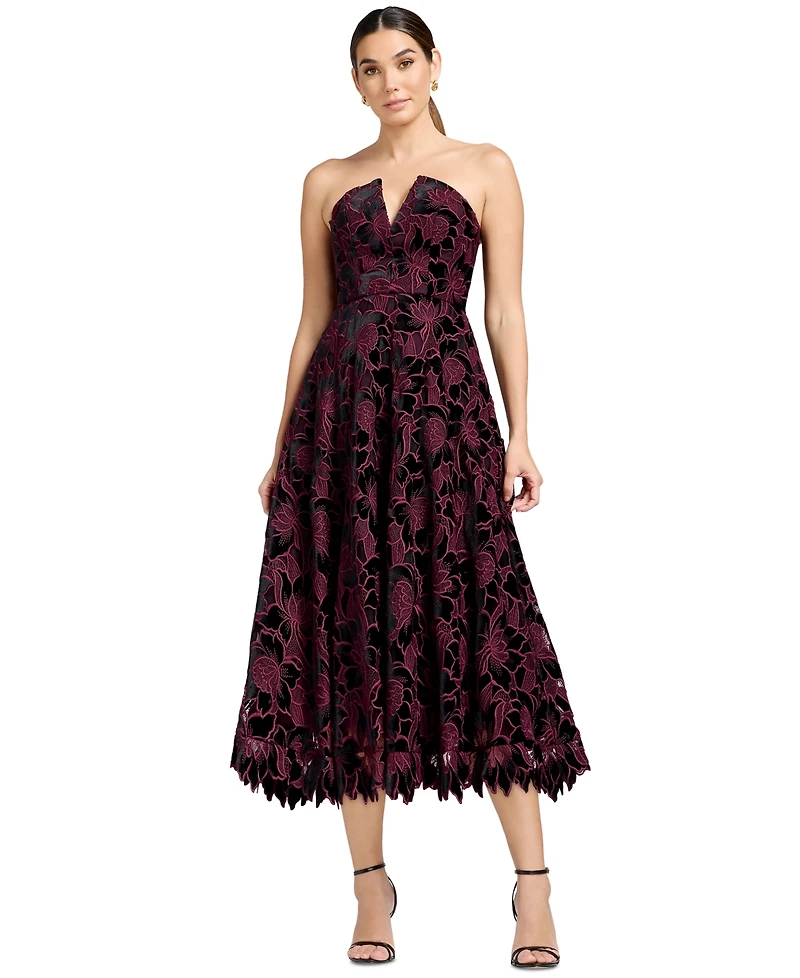 Dress the Population Women's Strapless Floral Fit & Flare Midi