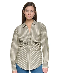 Dkny Jeans Women's Petite Ruched Striped 3/4-Sleeve Poplin Shirt
