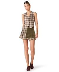 Steve Madden Womens Barret Vest V Neck Button Up Vest Tory Plaid Pleated Corduroy Skirt