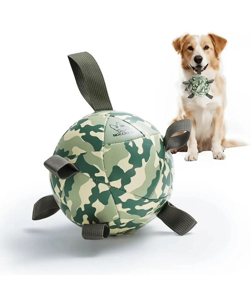Nocciola Camo Soccer Ball Dog Toy, 6 Inch Squeaky Tug and Fetch Ball with Durable Strap, Interactive Toy for Medium Dogs