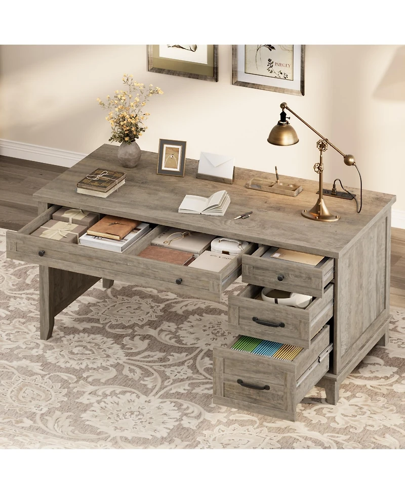 homfan Farmhouse Wood Home Office Desk with Drawers – 53.5" Executive Writing Table Built-in Power Outlets, Adjustable File Cabinet
