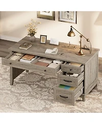 homfan Farmhouse Wood Home Office Desk with Drawers – 53.5" Executive Writing Table Built-in Power Outlets, Adjustable File Cabinet