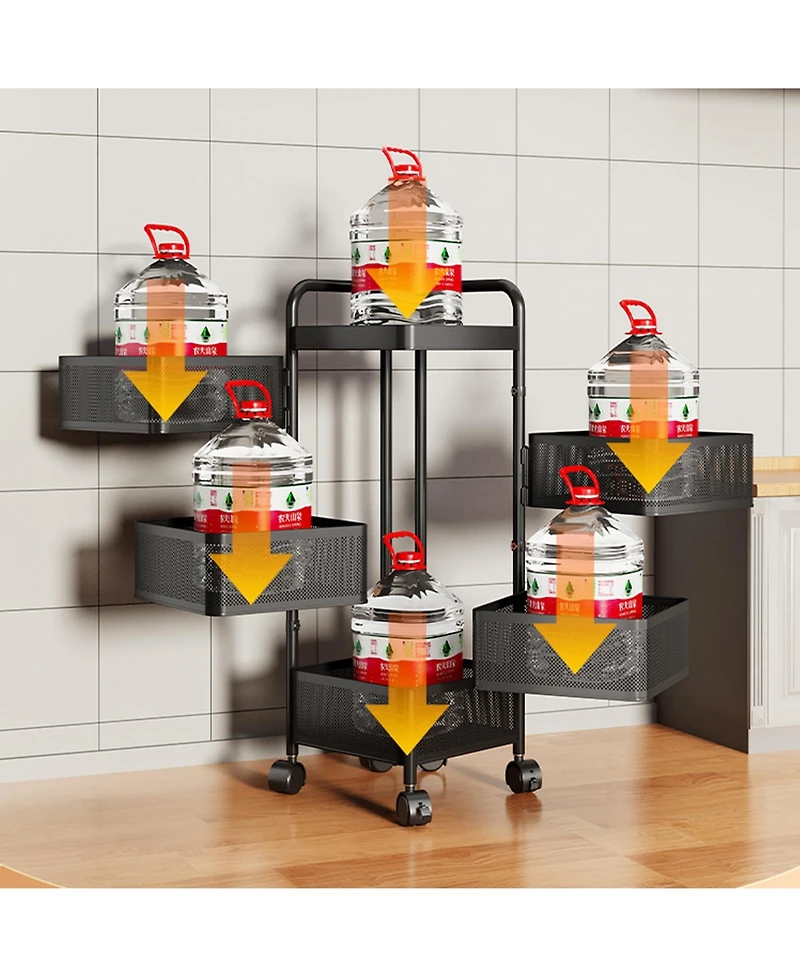 gaomon 5-Tier Thickened Carbon Steel Rotating Kitchen Storage Cart with Wheels, Mobile Utility Rack with Top Lid, Fruit Vegetable Basket, No Assembly