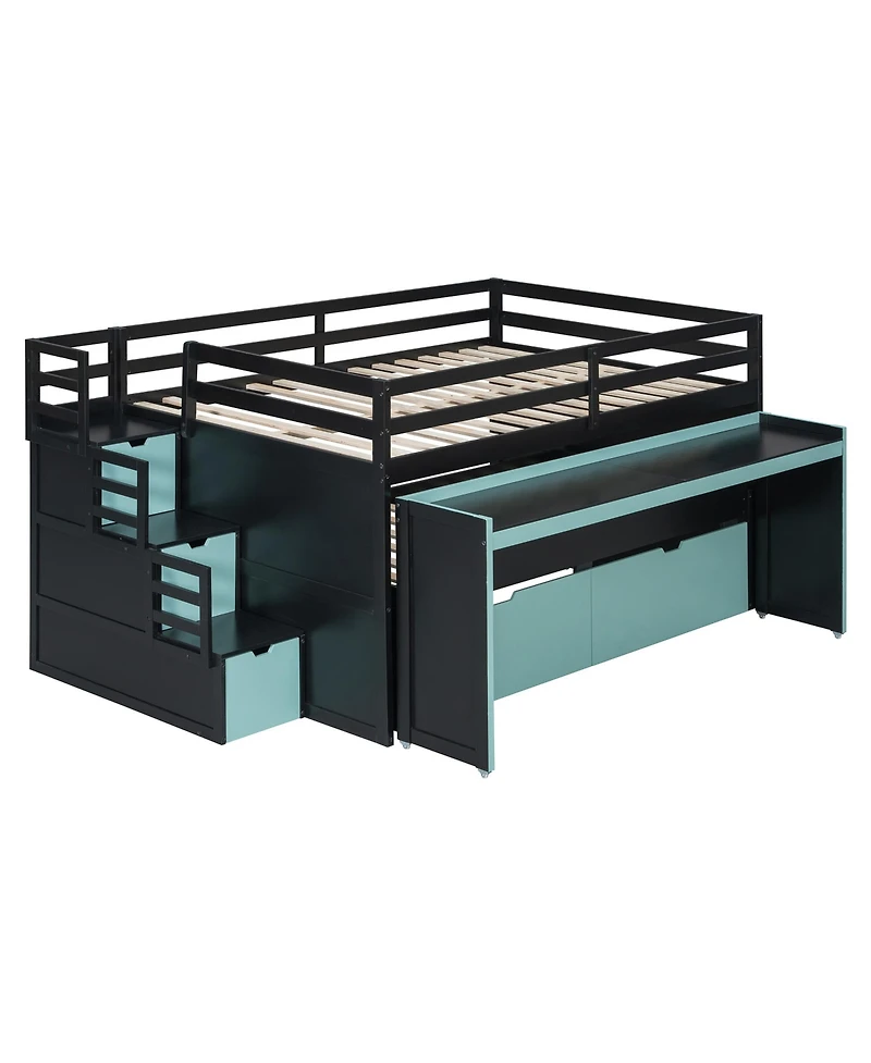 Clihome Full Xl Loft Bed with Pull-Out Desk and Twin Trundle, Multi-Functional Bunk 2 Storage Drawers Steps
