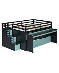 Clihome Full Xl Loft Bed with Pull-Out Desk and Twin Trundle, Multi-Functional Bunk 2 Storage Drawers Steps