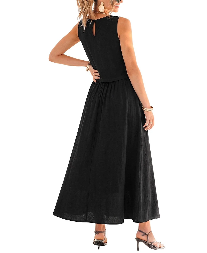 Cupshe Women's Crew Neck Button Skirt Set