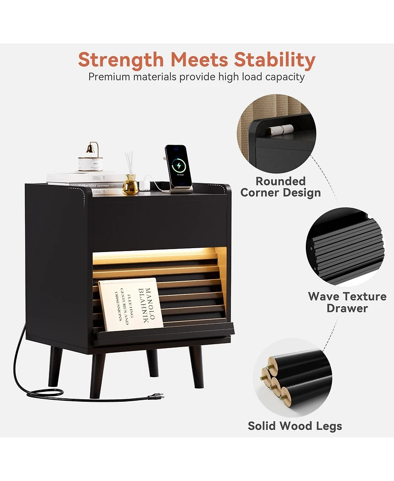 Hausource Modern 2-Drawer Nightstand with Rgb Led Lights and Built-In Charging Power Station