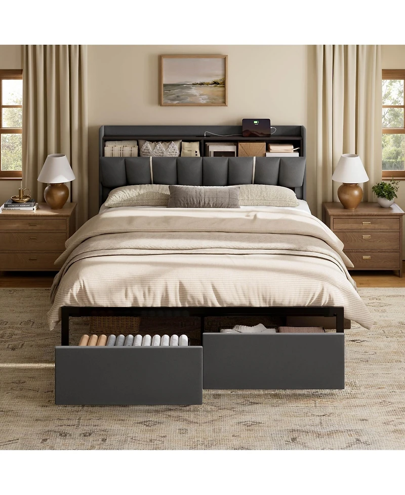 Hausource Upholstered Bed, Open Storage Headboard with Charging Ports, 2 Bed Base Drawers, No Box Spring Needed