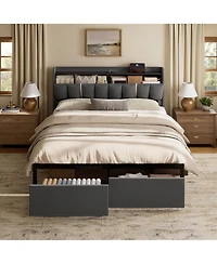 Hausource Upholstered Bed, Open Storage Headboard with Charging Ports, 2 Bed Base Drawers, No Box Spring Needed