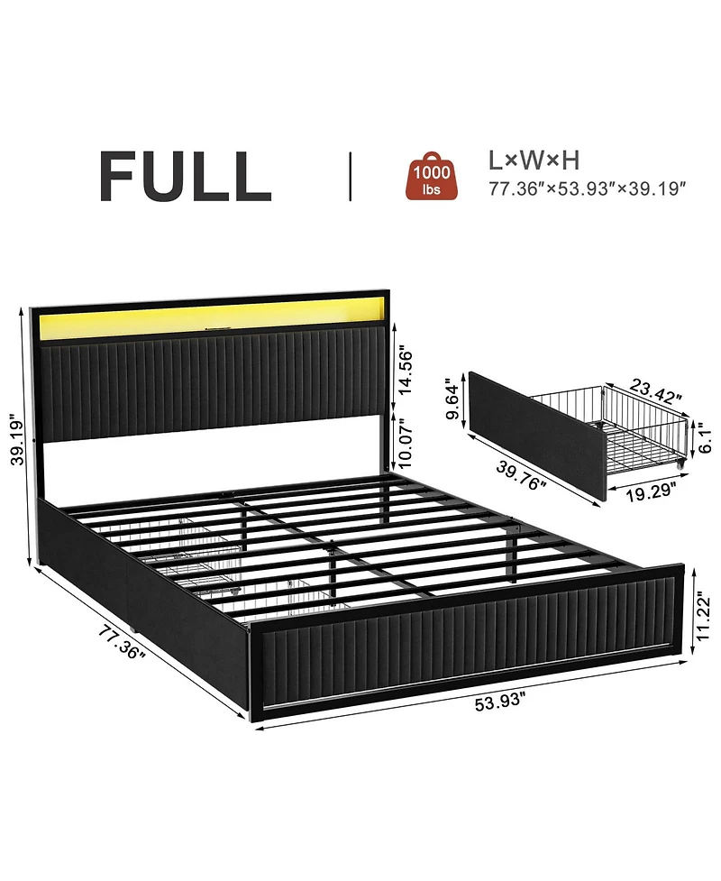 Hausource Full Velvet Upholstered Platform Bed, Movable Drawers, Dimmable Led and Usb-c Charging Hub, No Box Spring Needed