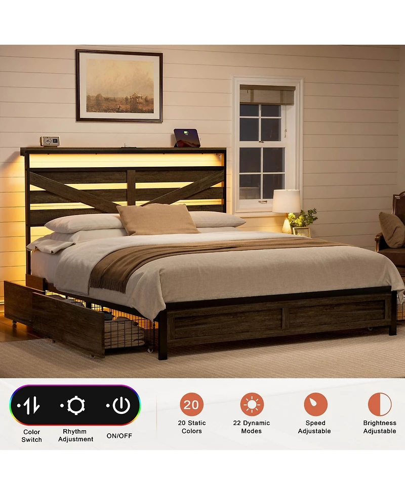 Hausource Queen Farmhouse Storage Platform Bed, Barn Door Headboard with Led and Charging Station, 4 Rolling Drawers, No Box Spring Needed