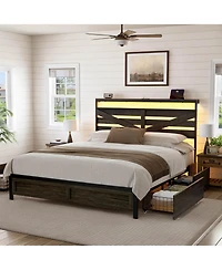 Hausource Queen Farmhouse Storage Platform Bed, Barn Door Headboard with Led and Charging Station, 4 Rolling Drawers, No Box Spring Needed