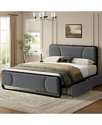 Hausource Curved Tufted Velvet Platform Bed, 4-Position Movable Drawers, Bedside Charging Station
