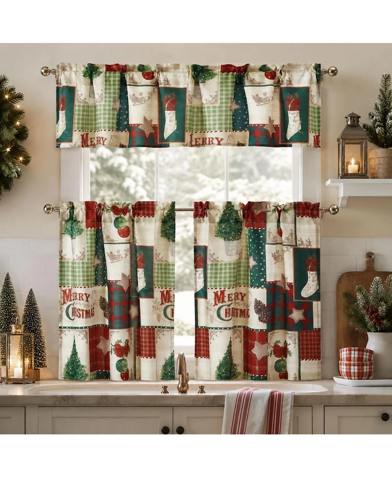 Kate Aurora Holiday Living Complete Classic Merry Christmas 3 Pc Kitchen Curtain Tier And Valance Set