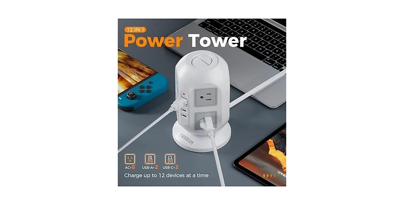 Tessan Power Strip with Usb Charging with 10 feet, 2 Usb C, 10feet for Home, Office and Travel
