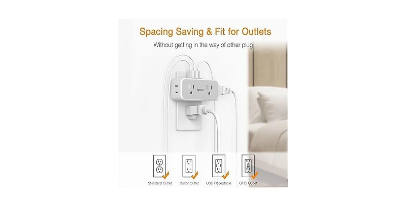 Tessan Wall Outlet Extender with 1875W, 1.18 inches for Home, Office and Travel