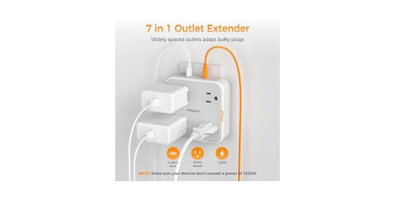 Tessan Wall Outlet Extender with 4 Outlet, 2 Usb C, 22V for Home, Office and Travel
