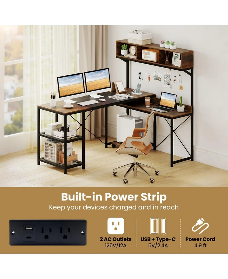 Sugift 62-Inch L-Shaped Computer Desk with Power Outlets and Storage Hutch