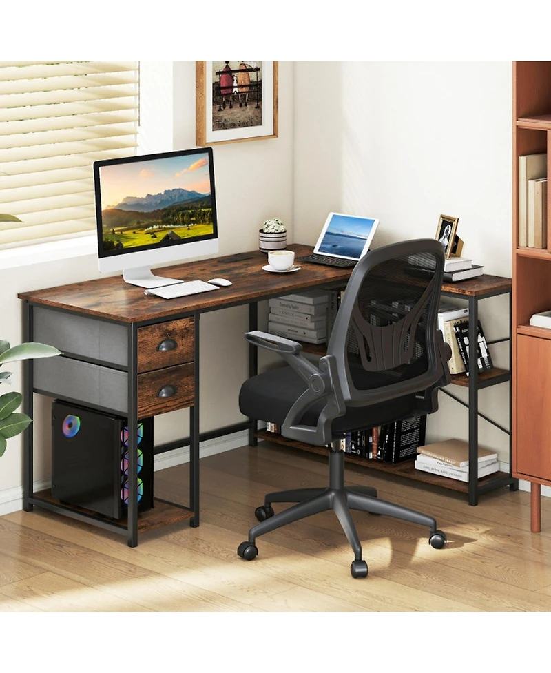 Sugift L-Shaped Corner Computer Desk with Charging Station and 2 Fabric Drawers