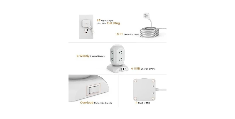 Tessan Flat Plug Power Strip with Usb-c Charging, 10 Feet, 8 Outlets for Phones, Tablets and Other Personal Devices