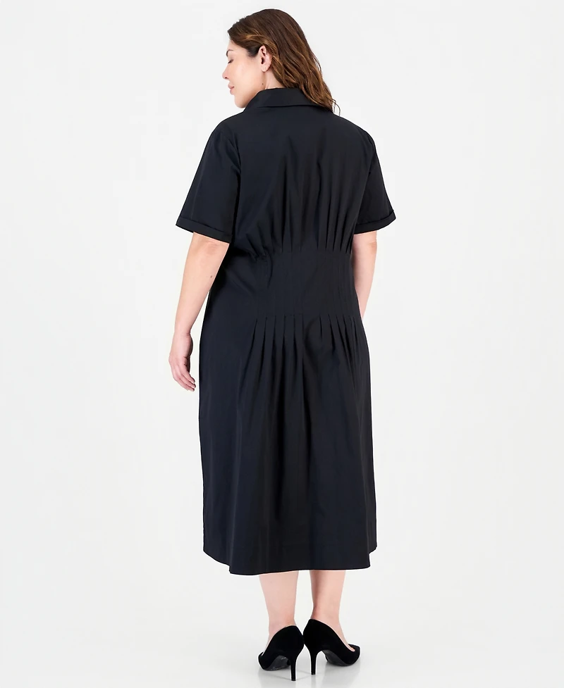 Anne Klein Plus Fit & Flare Pleated Waist Midi Shirt Dress