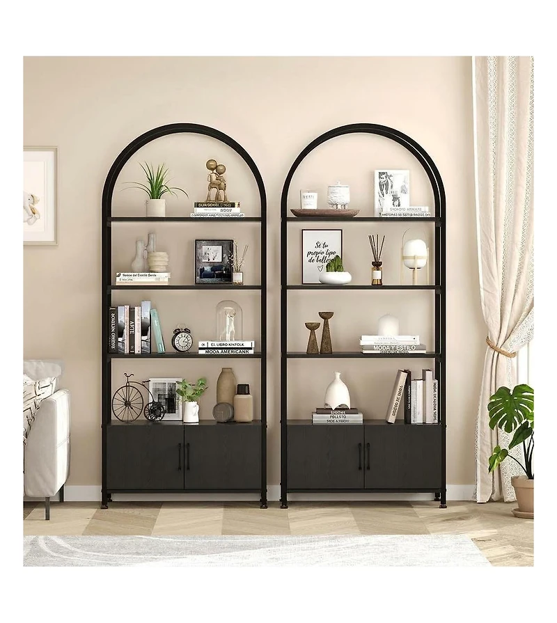31.5"W x 11"D x 71.3"H Engineered Wood and Iron Double Door Bookcase, N-Shape Storage Cabinet for Home Office Living Room Bedroom