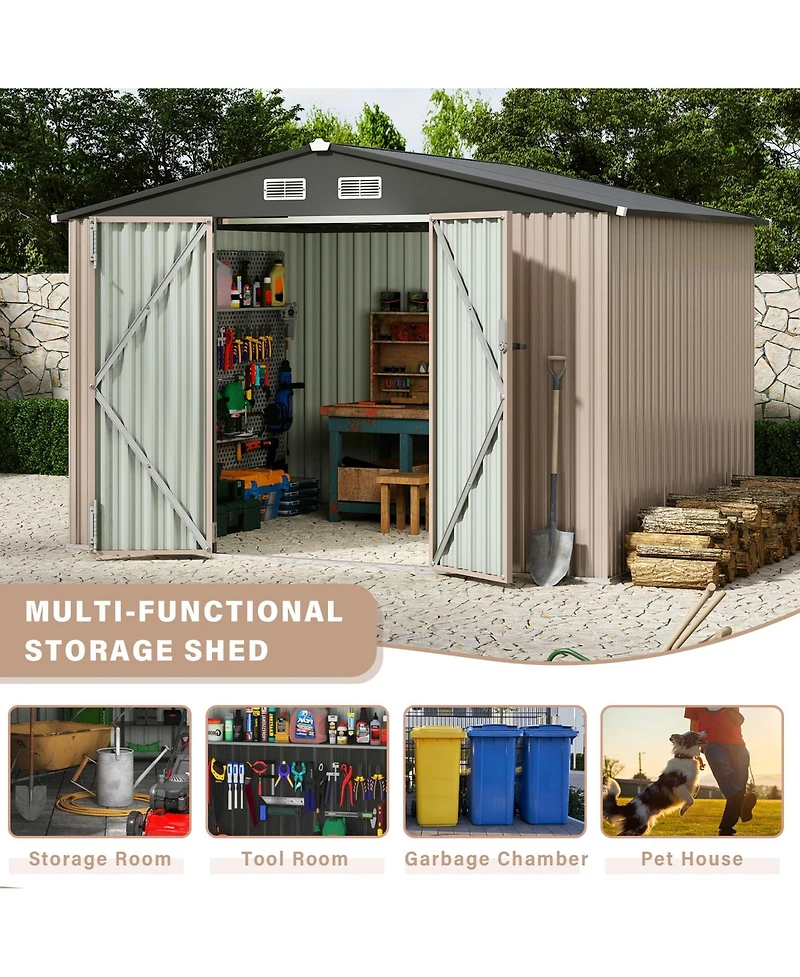 93x63x77 In Galvanized Steel Storage Shed, 6x8 Ft Metal Tool Room with/without Solar Light and Lockable Door for Backyard Patio, Grey/Brown