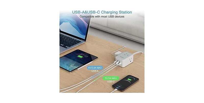 Tessan Wall Outlet Extender with 5 feet, 1 Usb C, 1250 Watts for Home, Office and Travel