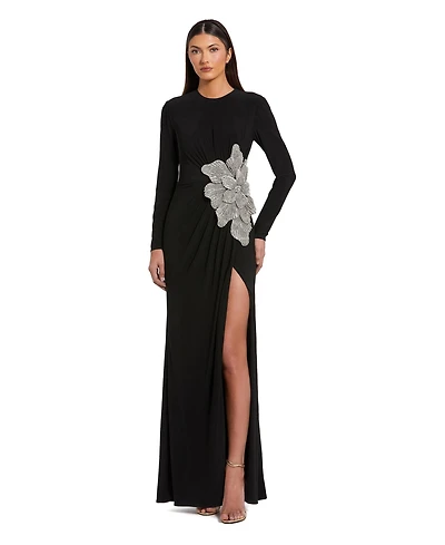 Mac Duggal Petite Floral Applique Long Sleeve Jersey Gown