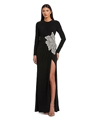 Mac Duggal Petite Floral Applique Long Sleeve Jersey Gown