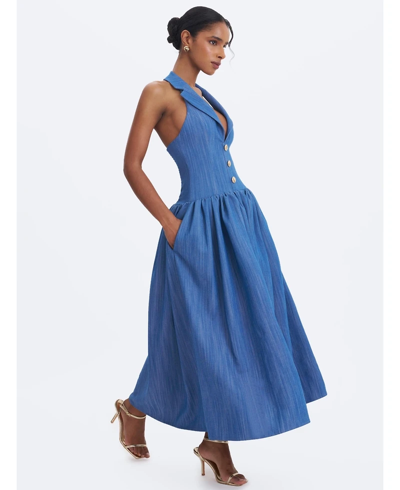 Miss Circle Women's Xyan Navy Denim Lapel Halter A-Line Midi Dress