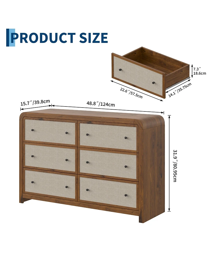 6 Drawer Bedroom Dresser, 49" Wide Modern Chest with Linen Drawer Fronts, Anti-Tip Kit, Sturdy Stable Storage Organizer for Living Room, Entryway