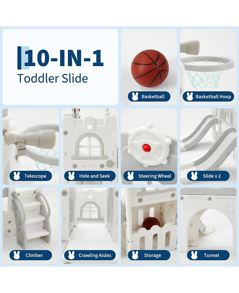 10-in-1 Freestanding Double Toddler Slide, Dual Side-by-Side Slide for Indoor Outdoor Playground, Hdpe Sturdy Climber Playset for Children Ages 1-3