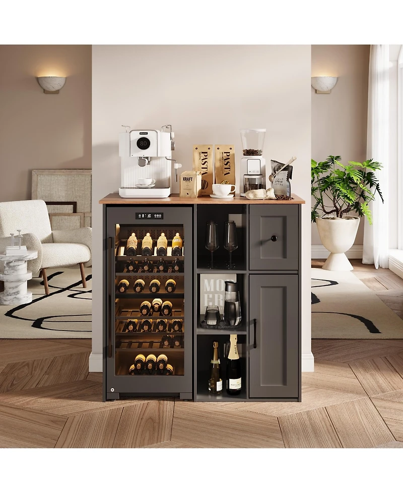 40"L x 20"D x 38.5"H Mini Fridge Stand Cabinet with Open Shelves Drawer and Cabinet, Kitchen Sideboard for Beverage Coffee Bar, Black/White