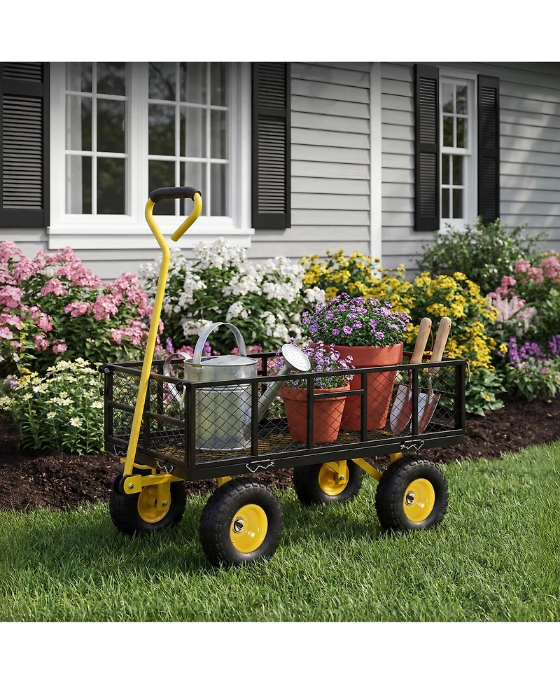43x20x22 in Steel Garden Dump Cart, Yard Wagon with Removable Sides, 180 Degree Swivel Handle, 10 in Tires, for Backyard Patio, Green/Yellow