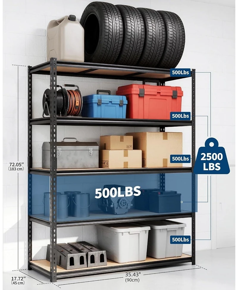 5-Tier Storage Shelving Unit, Carbon Steel Frame with Engineered Wood Shelves for Garage Basement Pantry Organization, Black