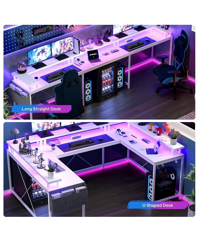 79 Inch U-Shaped Computer Desk with Power Outlets and Led Lights, Engineered Wood Top with Steel Frame for Home Office Gaming Study, White Willow