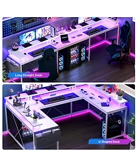 79 Inch U-Shaped Computer Desk with Power Outlets and Led Lights, Engineered Wood Top with Steel Frame for Home Office Gaming Study, White Willow