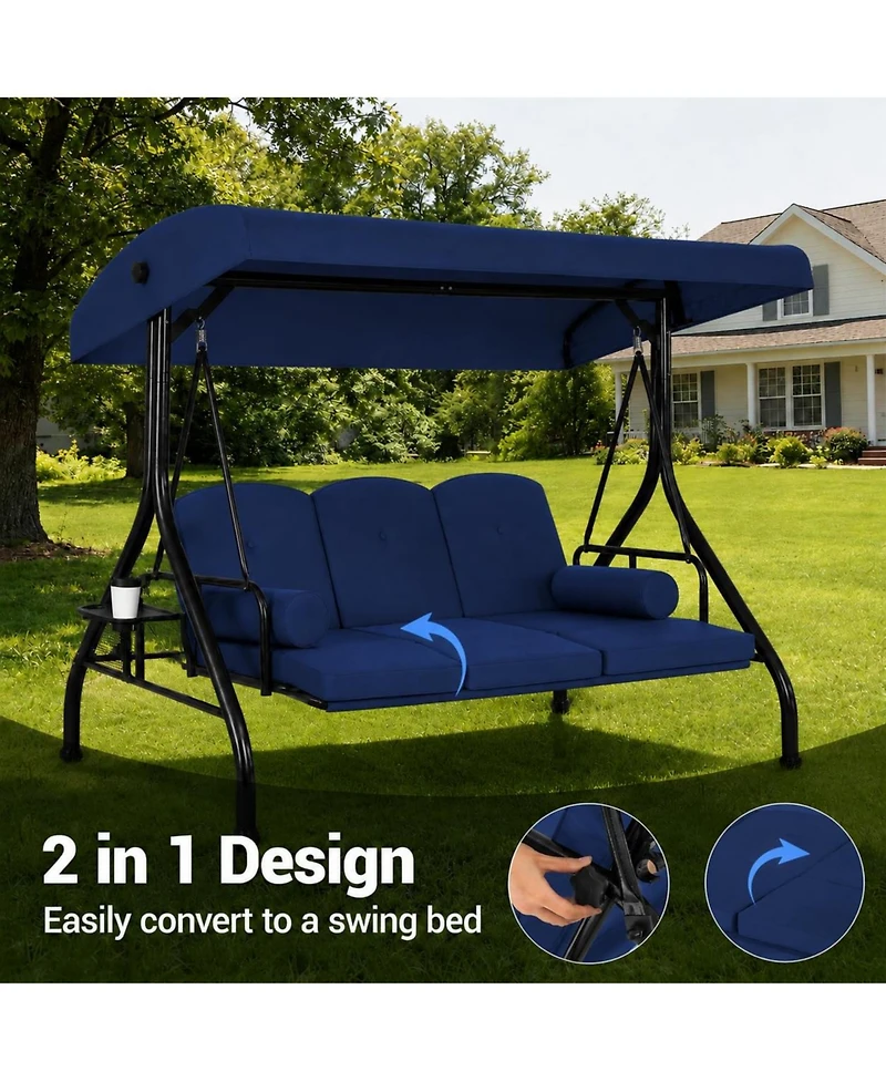 76" x 47" x 68" 3-Seat Porch Swing with Cup Holders, Outdoor Patio Swing with Reclining Backrest, Weather Resistant for Garden, Deck,Khaki/Red/Blue