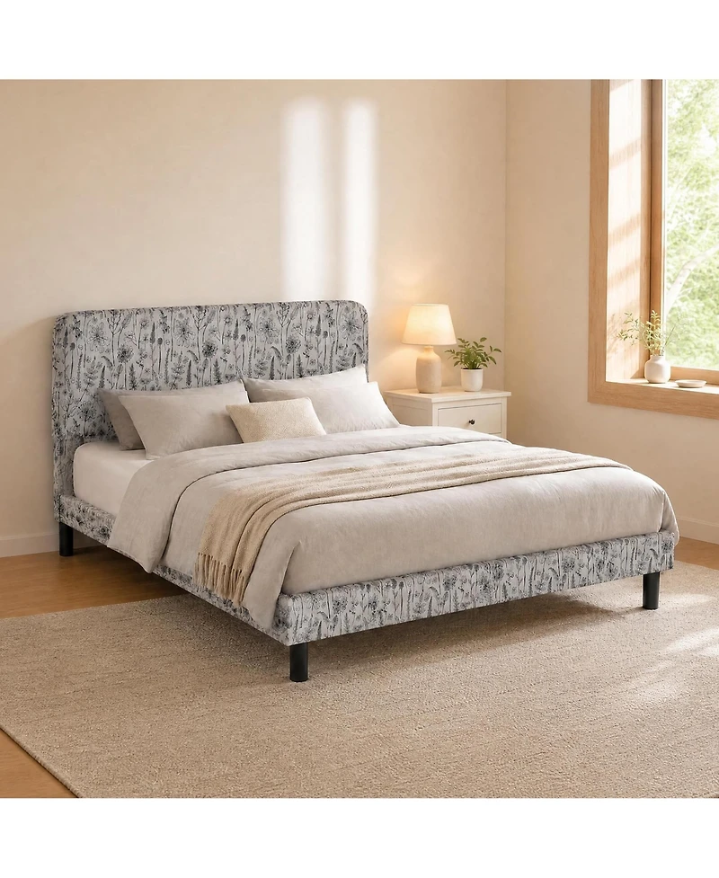 Queen/Full Upholstered Bed Frame with Floral Pattern Headboard, Flannel Fabric Engineered Wood Platform Bed for Bedroom