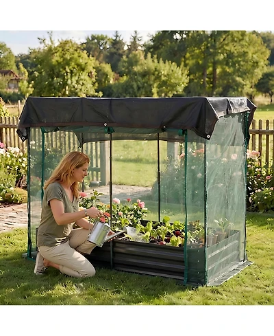 96 x 48 12 Raised Garden Bed with Insect Net and Shade Cover, Steel Planter Box for Vegetables Herbs Patio Balcony, Ivory/Silver/Black