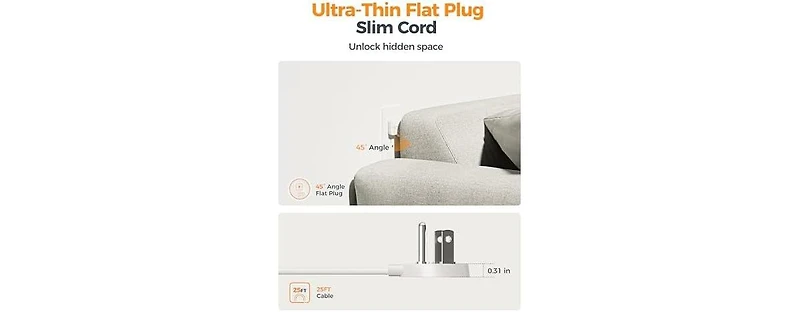 Tessan Wall Outlet Extender with 25 Feet, 1 Usb C, 2 Usb A for Home, Office and Travel