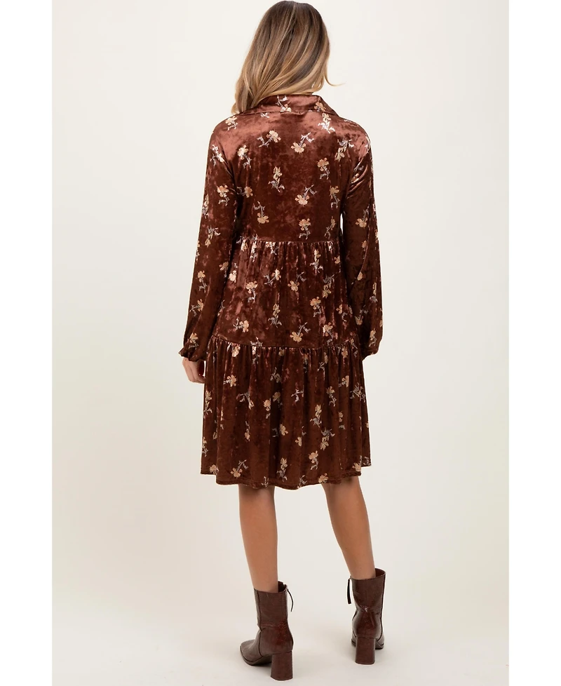 Pinkblush Women's Brown Floral Velvet Button Down Midi Dress