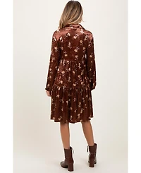 Pinkblush Women's Brown Floral Velvet Button Down Midi Dress