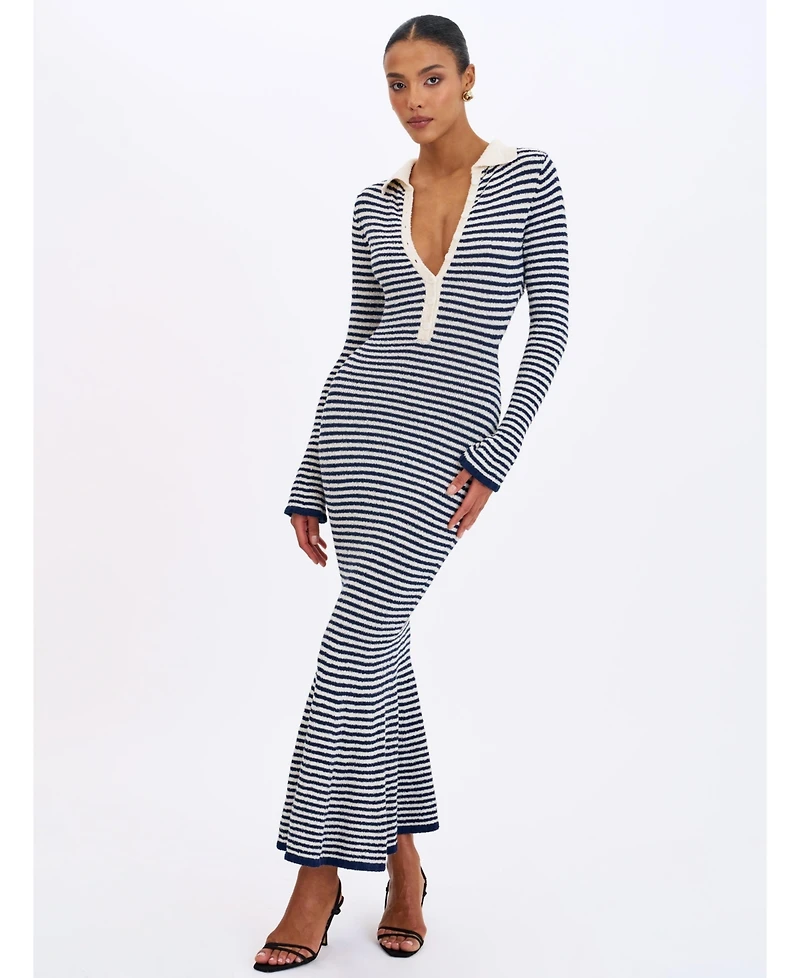 Miss Circle Women's Xelie Navy and White Cotton Terry Knit Mermaid Maxi Dress
