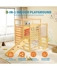 9-in-1 Outdoor Jungle Gym, Wooden playground for kids 2-8, Climbing Structure with Slide, Monkey Bars, Rope Ladder, Rock Wall, Climbing Net, Rings
