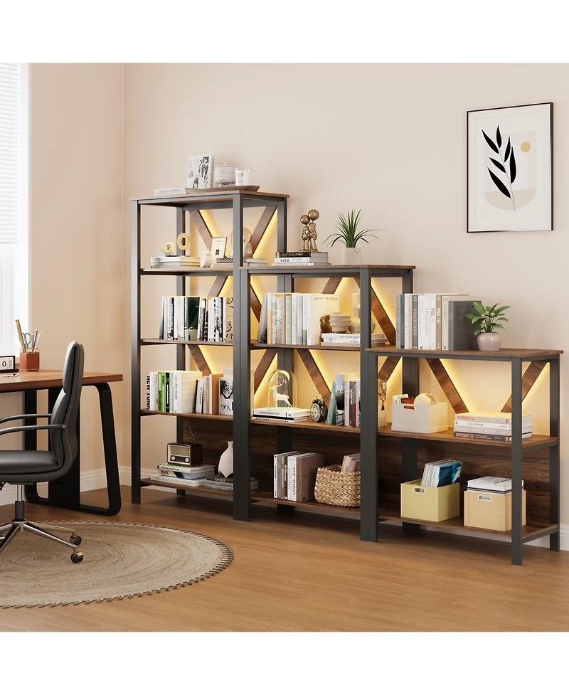 4/3 Tier Bookshelf with Led Light Strip, Iron Frame Open Bookcase, Storage Display Shelf for Living Room Bedroom Home Office, Grey/Brown