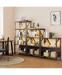 4/3 Tier Bookshelf with Led Light Strip, Iron Frame Open Bookcase, Storage Display Shelf for Living Room Bedroom Home Office, Grey/Brown