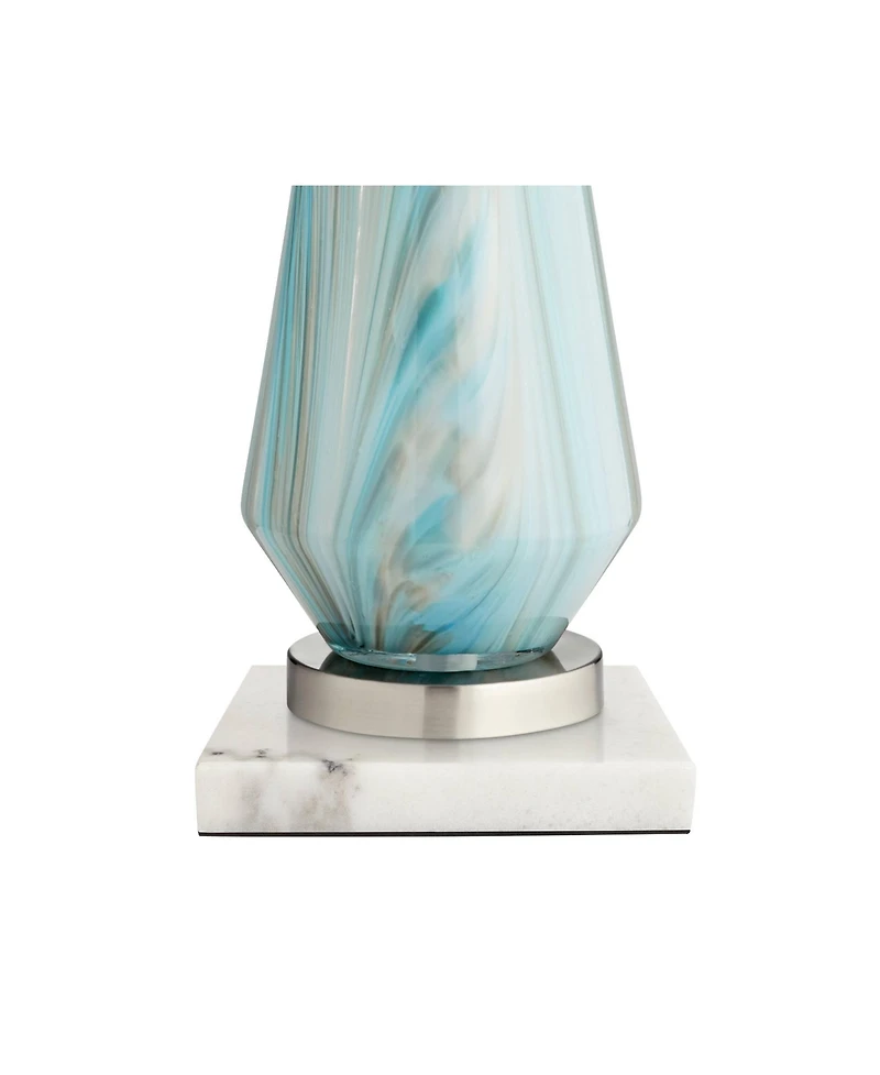 Possini Euro Design Jaime Modern Table Lamp with Square White Marble Riser 26" High Blue Gray Art Glass Drum Shade for Bedroom Living Room Bedside