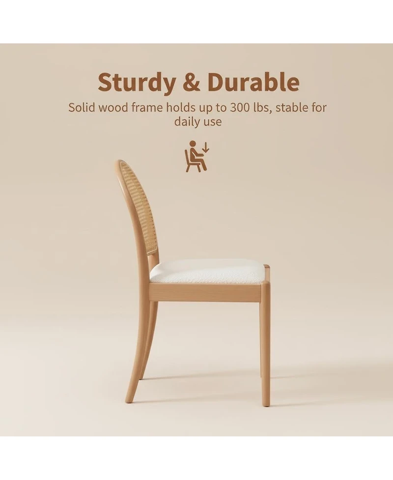 Flynama Set of 2 Rattan Back Linen Dining Chairs, Solid Wood Leg Teddy Cushion 275lbs Capacity
